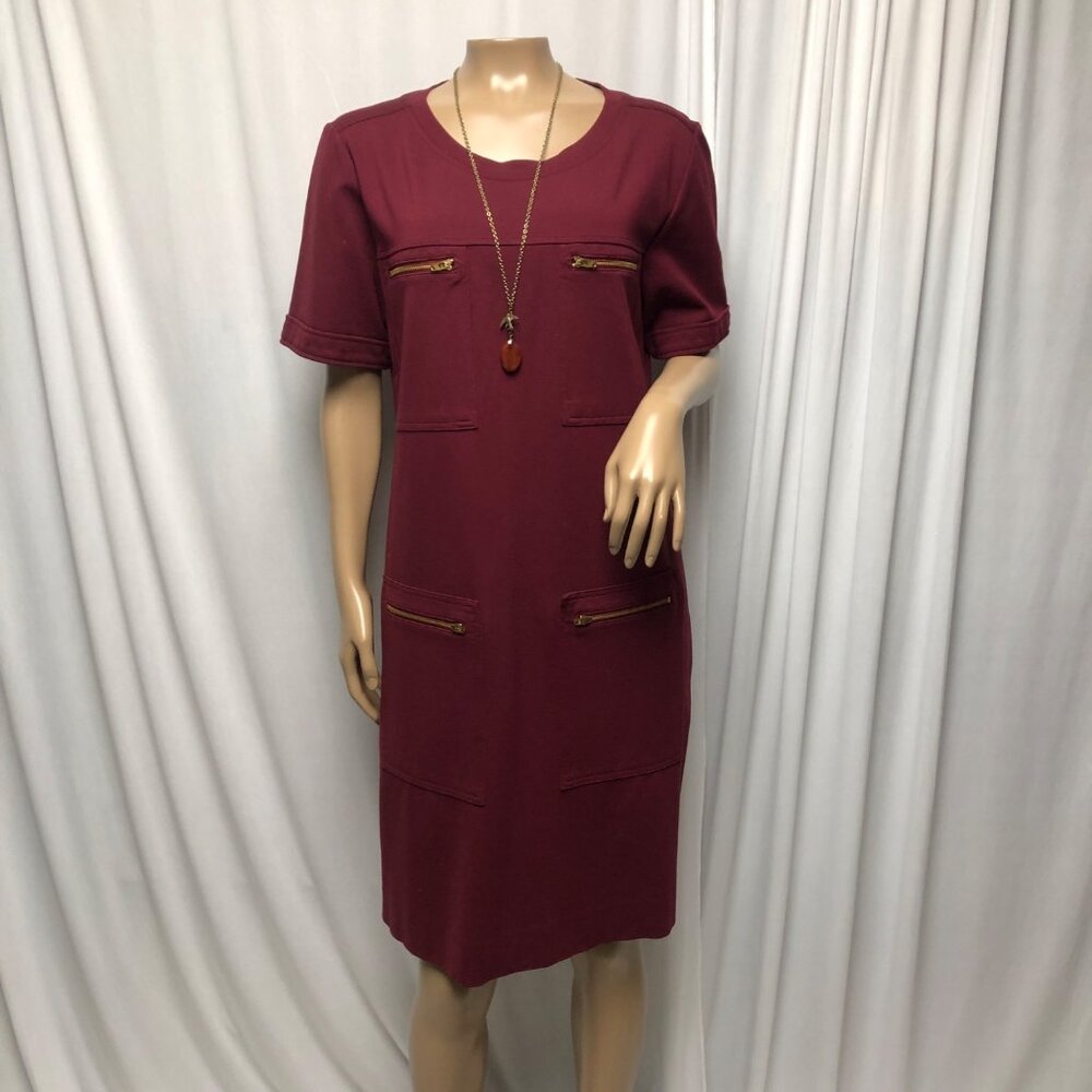 J Crew Maroon Zipper Ponte Dress Womens Size 14 Short Sleeve Shift Comfy Office